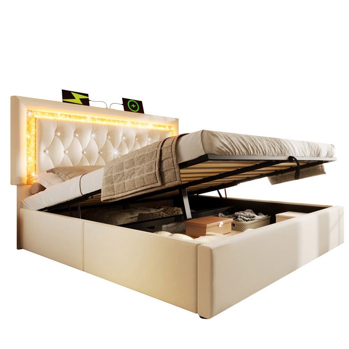 Lit double velours beige 180x200 cm avec sommier à lattes LED USB Type-C et coffre hydraulique
