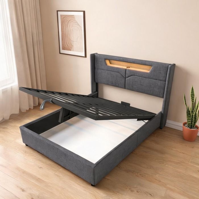 Sommier coffre 160x200 cm avec LED et USB revêtement lin gris structure fer