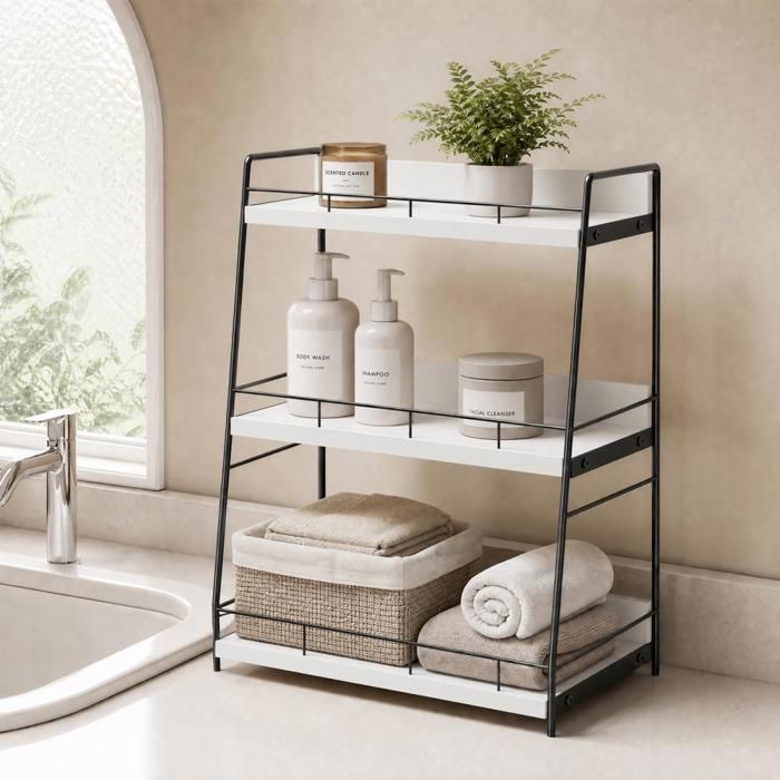 Meuble de salle de bains - Étagère blanche à trois niveaux - Solide et durable - HUOLE - 33 × 17 × 44 cm.