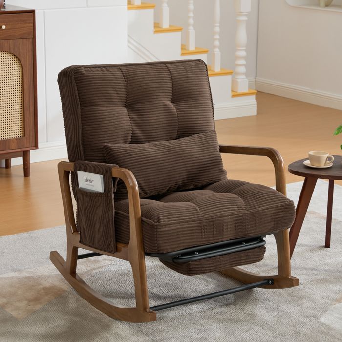 Fauteuil à bascule avec repose-pieds – Corduroy marron – dossier réglable – poche latérale – coussin lombaire