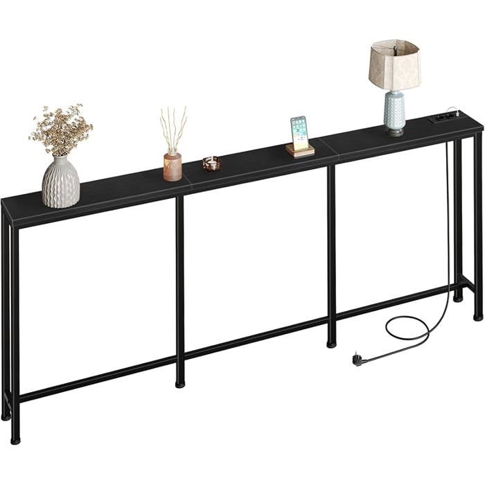 Table de Console de 200 cm Table d’Entrée avec Station de Charge Bout de Canapé étroit 2 Prises et 2 USB Style IndustrielNoir