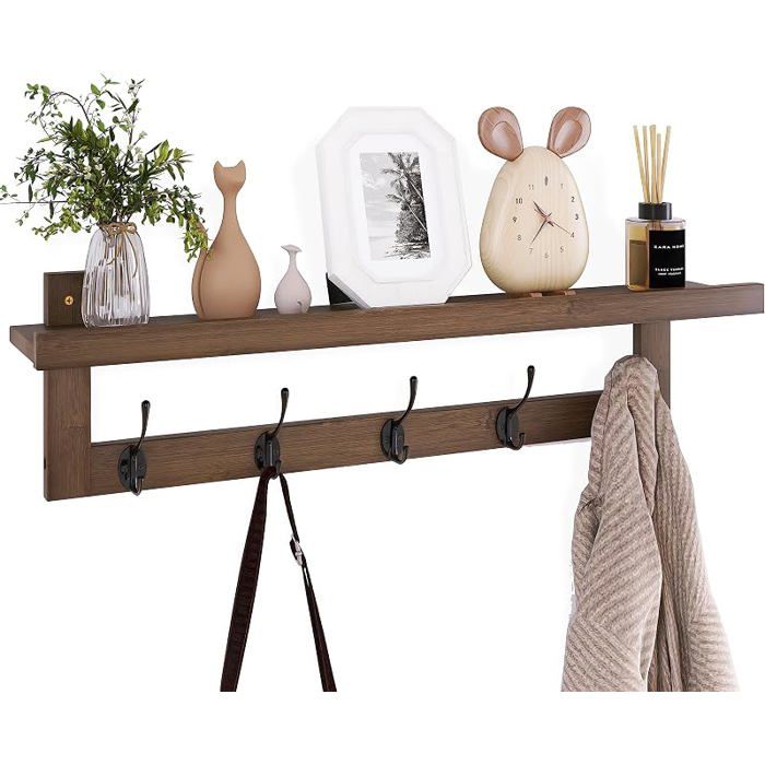 Porte manteau mural avec étagère de 74 cm pour entréeétagère murale en bambou avec 5 crochets doubles en métal pour Noyer PATERE