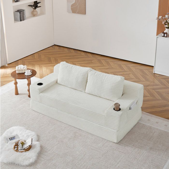 WOVREO Canapé-lit convertible 2-en-1 2 places en velours côtelé beige avec porte-gobelets