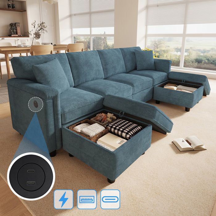 Canapé modulable 4 places 261x134x82 cm en chenille avec 2 poufs coffre USB/USB-C convertible en L ou U - bleu