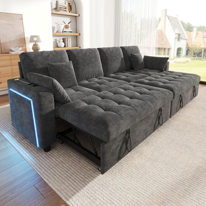Canapé-lit convertible Canapé dangle 4 places Canapé modulable en chenille avec LED ports USB dossier réglable lits gigognes gris