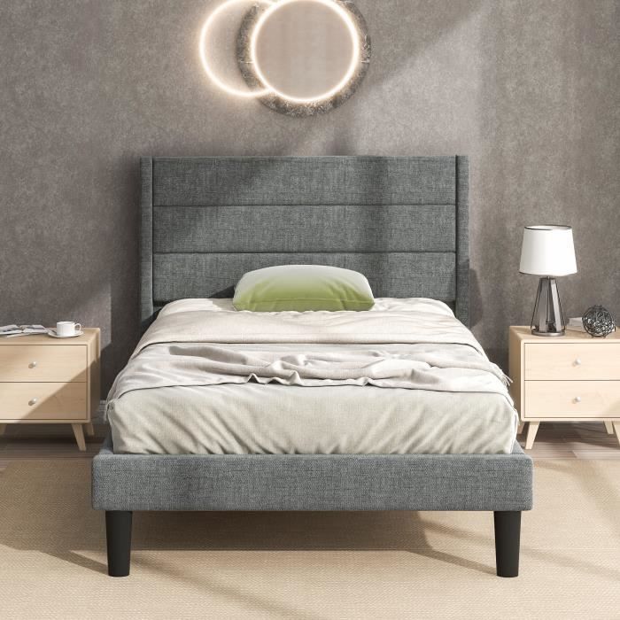 lit capitonné contemporain 90x200 cm avec sommier à lattes-  tête de lit capitonnée - lin - aapaas - gris