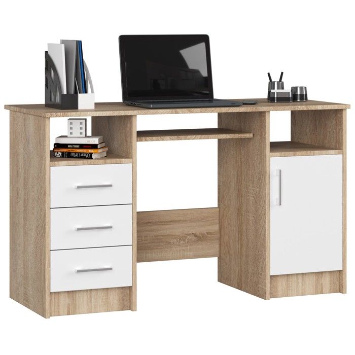 Bureau dordinateur AKORD ANA Chêne Sonoma 124 cm 1 porte 3 tiroirs façade Blanche 5 étagères 124x52x74 cm Bureau dordinateur AKORD ANA Chêne Sonoma 124 cm 1 porte 3 tiroirs façade Blanche 5 étagères 124x52x74 cm
