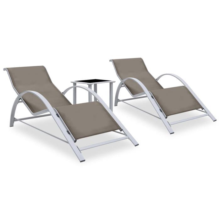 Lot de 2 transats chaise longue bain de soleil lit de jardin terrasse meuble d exterieur avec table aluminium taupe Lot de 2 transats chaise longue bain de soleil lit de jardin terrasse meuble d exterieur avec table aluminium taupe