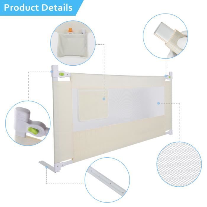 Wakects Barrière De Lit Rétractable Portable 1.8m – Protection Anti-Chute Pliable Pour Bébé Et Enfant En Tissu Oxford Robuste Et Respirant