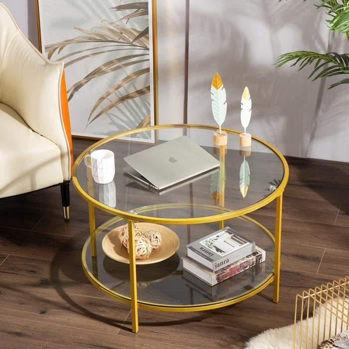 table basse ronde 2 couches plateau en verre trempe armature metallique doree achat vente table basse table basse cdiscount