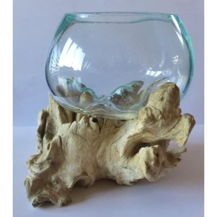 vase ou aquarium en verre souflle sur racine de bois hauteur environ 12cm modele unique choix sur photos achat vente vase soliflore cdiscount