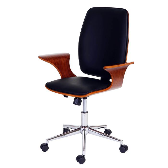 chaise fauteuil de bureau pivotant en synthetique courbe aspect noyer revêtement noir rotatif à 360°