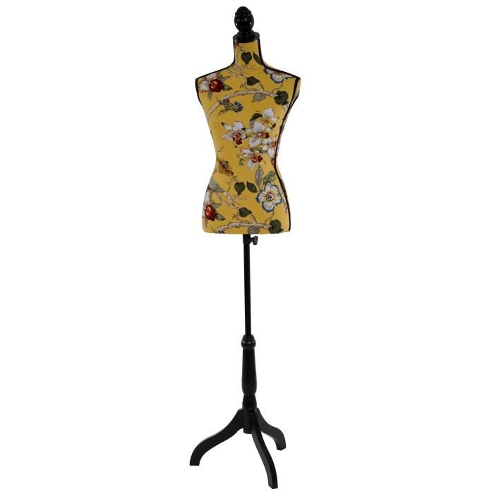 Buste de couture feminin sur pieds hauteur regable mannequin fee deco vitrine fibre de verre jaune avec des fleurs