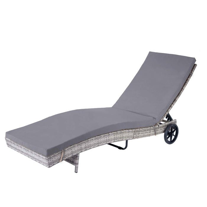 Chaise longue bain de soleil en poly-rotin gris avec oreiller gris foncé