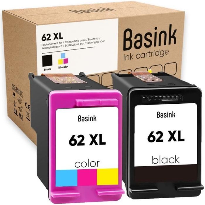 Cartouche d'encre BASINK Compatible avec HP 62XL - Pack 2 - Noir et Couleur - Haut Rendement de Pages