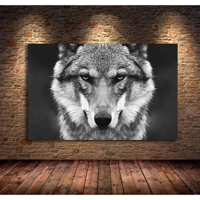Tableau Toile 5 Pièces Loup Noir Et Blanc - Art Mural Encadré, Neuf, Déco Moderne