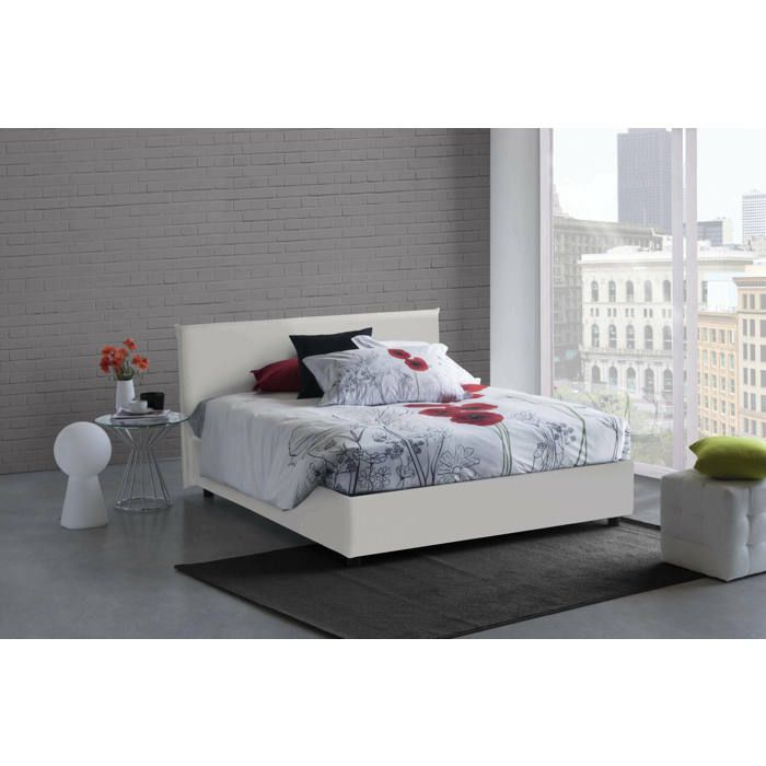 Dmora - Lit français Aurea 205x155h95 cm blanc Panneau effet bois et Similcuir