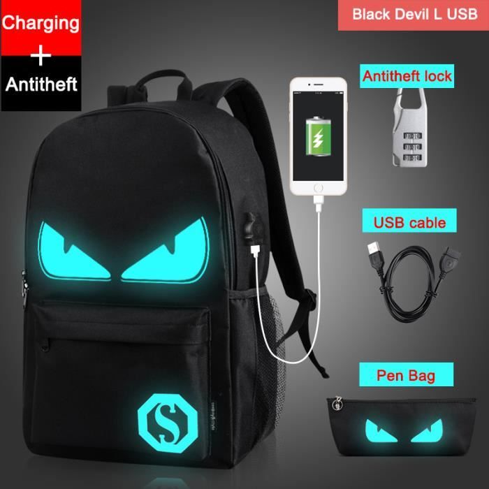 Hommes Démon Anime Lumineux USB de plein air sac à dos Avec port de charge USB et antivol antivol et étui à crayons - Noir
