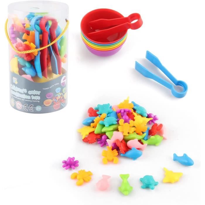 Jouet Montessori ZLPBAO - 47 Pièces Animaux Ferme - Avec Gobelets, Dés, Pinces - Apprentissage Couleurs Et Tri