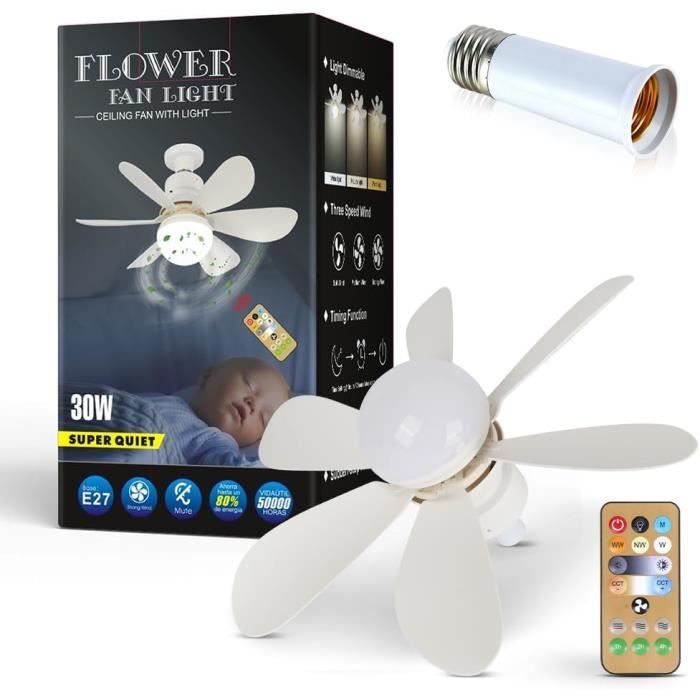 Ventilateur de plafond avec lampeE27 Tête Dimmable Socle Ventilateur Plafond Lumiere avec télécommande3 Vitesses (30W).[Z243]