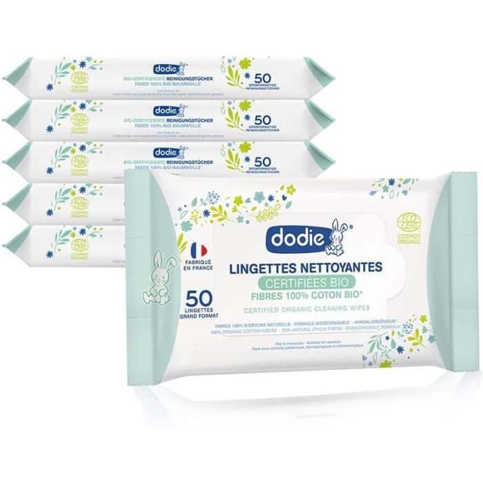 Dodie Lot De 7 X 60 Lingettes Compostables Dermo-Apaisantes – Nettoyage Doux Visage, Corps & Siège Bébé, 100% Fibres Végétales, Made In France