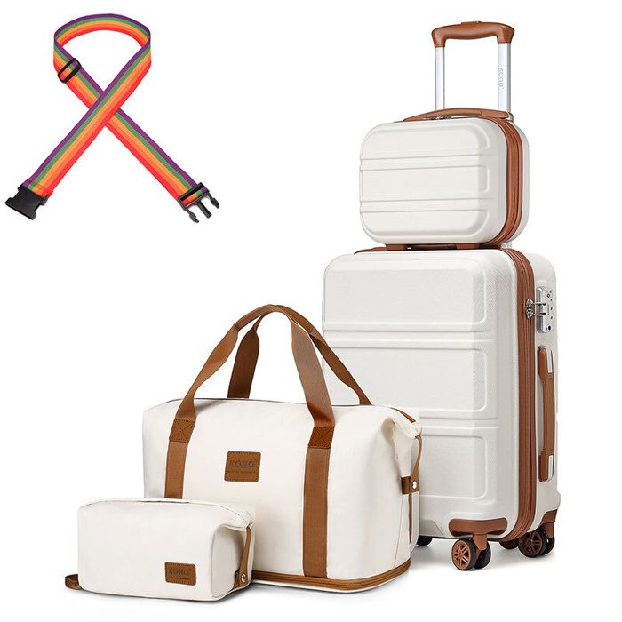 Kono Set de 4 Valises de Voyage Rigide Bagage Cabine 55cm avec Portable Vanity Case + Pliable Sac de Voyage pour Sport, Blanc Crème