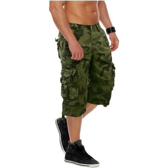 Bermuda Long Homme Motif Camo Militaire Pantacourt Camouflage