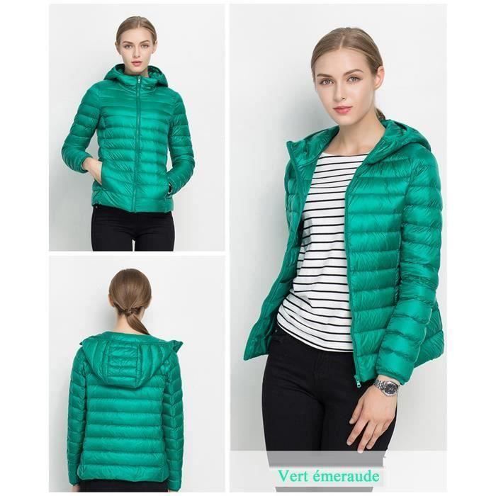 Funmoon Vert emeraude Doudoune femme courte a capuche fine legere light 90 duvet hiver col montant Grande Vert emeraude Cdiscount Pret a Porter