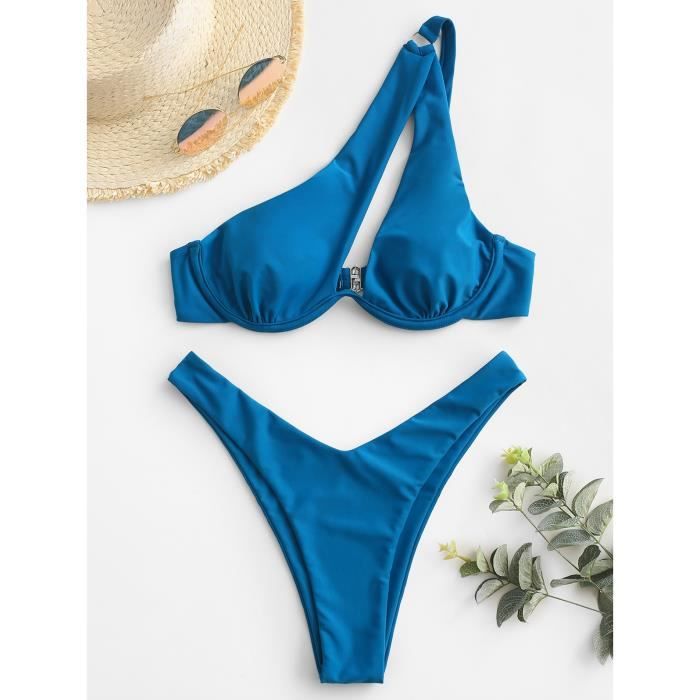 MAILLOT DE BAIN ZAFUL Une Epaule Bikini JOINT TORIQUE Decoupe Coupe Haute Bresilien Maillot De Bain Bikini Pour Type Deep Blue Blanc Cdiscount Pret a Porter