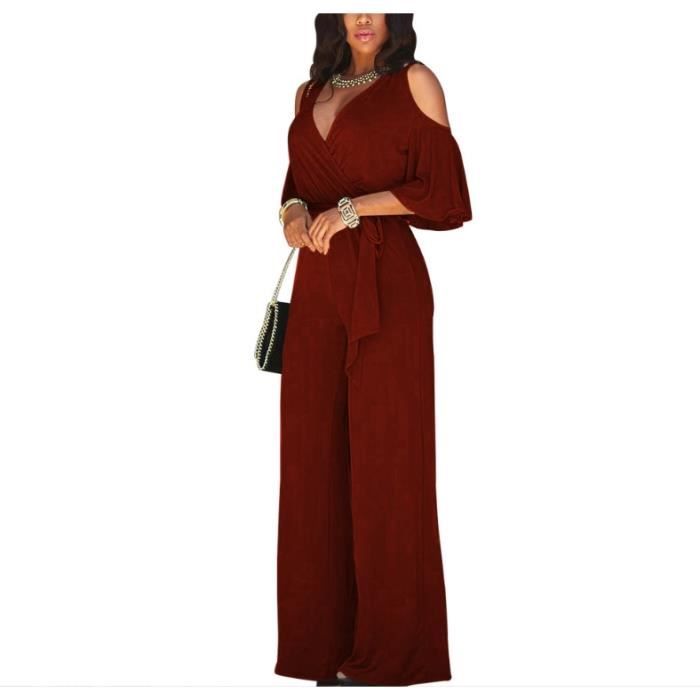 Combinaison Femme Chic pour Soiree Combishorts Manche Courte Col en V Jumpsuit Ete Slim Pantalon Taille Haute Elastique Bordeaux Bordeaux Cdiscount Pret a Porter