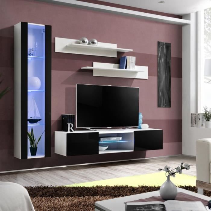 ensemble meuble tv mural design fly xix 210cm noir & blanc - paris prix - bois - laqué - a monter soi-même
