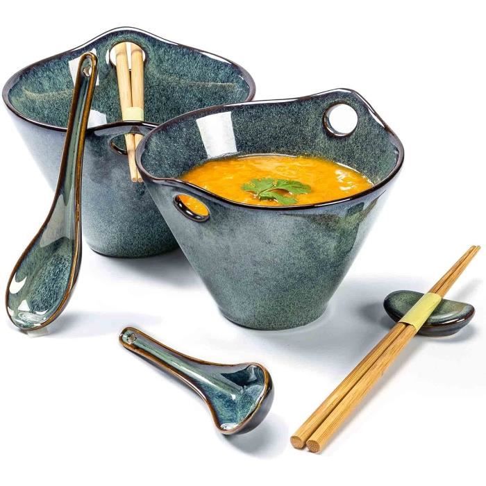 Set De 8 Bols Ramen En Porcelaine 600ml - Bols à Soupe, Pâtes, Salade Avec Cuillères Et Baguettes - Vert