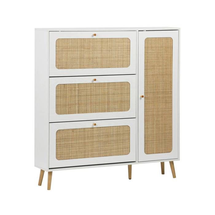 Meuble à Chaussures Scandinave Décor Bois 3 Portes Abattantes Capacité 18 Paires De Chaussures