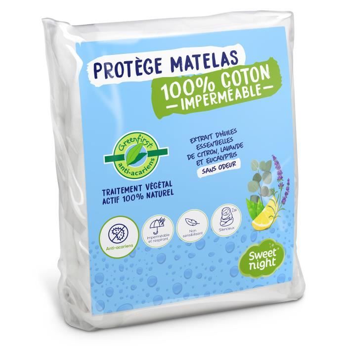 SWEET NIGHT Protège matelas imperméable anti-acariens traitement végétal Greenfirst - 90 x 190/200 cm - Blanc