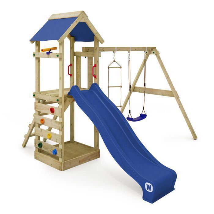 Aire De Jeux Wickey Portique Bois Freeflyer Avec Balancoire Et Toboggan Bleu Maison Enfant Exterieur Avec Bac A Sable Cdiscount Jeux Jouets