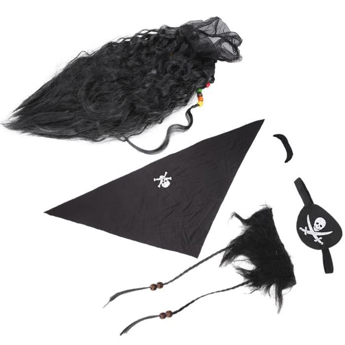 Kit Pirate Complet 4 Pièces – Chapeau, Perruque, Barbe Moustache & Cache-Œil Crâne Pour Adulte & Enfant Halloween