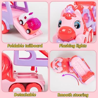 Camion Jouet Rose Hot Bee Avec 6 Voitures - Piste De Course 116cm - Pour Filles 2-6 Ans