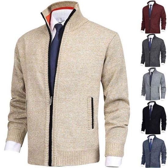 Sweat Cardigan Zippé Homme - Col Montant, Coupe Ajustée, Tricot épais Pour Automne/hiver, Effet Coupe-vent - 6