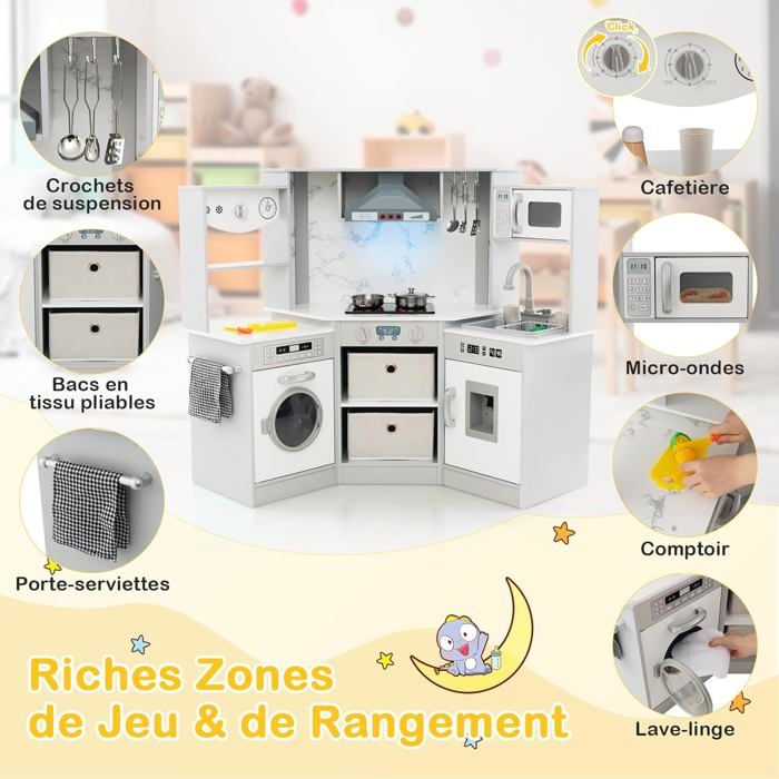 GOPLUS Cuisine Enfant Rose Avec Son – Moulin à Café, Machine à Laver, Accessoires – 70x30x88 Cm – Dès 3 Ans – Jeu De Rôle Immersif