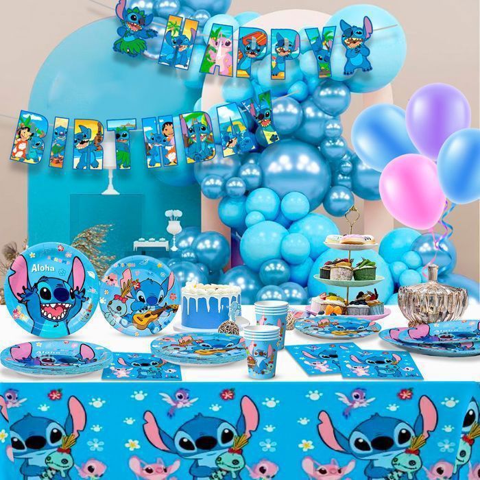 Set De Fête Stitch And Angel Procos - 52 Pièces Vaisselle Anniversaire Enfant - Bleu