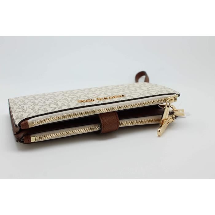 Michael Kors Jet Set Travel Double Zip Wristlet Signature PVC Vanilla PVC Dark Acorn Cdiscount Bagagerie Maroquinerie