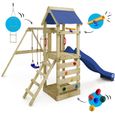 WICKEY Aire de jeux Portique bois FreeFlyer avec balançoire et toboggan bleu Maison enfant extérieure avec bac à sable-2