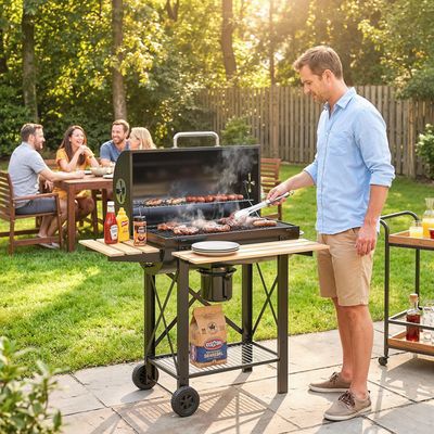 Barbecue Charbon Outsunny 3 Niveaux Rôtisserie - Acier Inox, Étagères Pliables, Pare-Vent, 118x32x90cm Noir