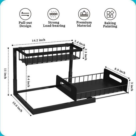 Aoresac Lot de 2 Rangement Sous Évier, Métal Organisateur sous Evier Tiroir Coulissant à Extraction 2 Étages Forme en L, Rangement Et Organisation de Cuisine (Noir