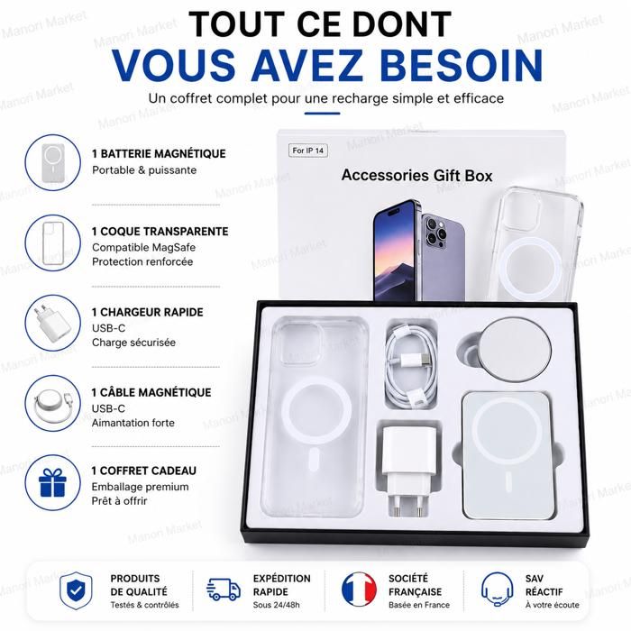 Coffret Complet IPhone 17 : Batterie 5000mAh MagSafe + Coque Transparente + Chargeur 20W + Chargeur Induction