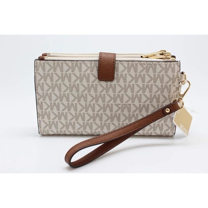 Michael Kors Jet Set Travel Double Zip Wristlet Signature PVC Vanilla PVC Dark Acorn Cdiscount Bagagerie Maroquinerie