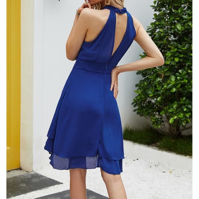 Femme Robe d ete Halter Robe sans Manches Couleur Unie Col Rond Party Midi Robe Bleu Bleu Cdiscount Pret a Porter