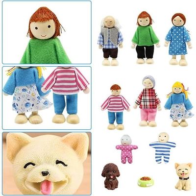 Famille De Poupées En Bois 8 Pièces Avec Chat Et Chien - Personnages Articulés Pour Maison De Poupée, Cadeau
