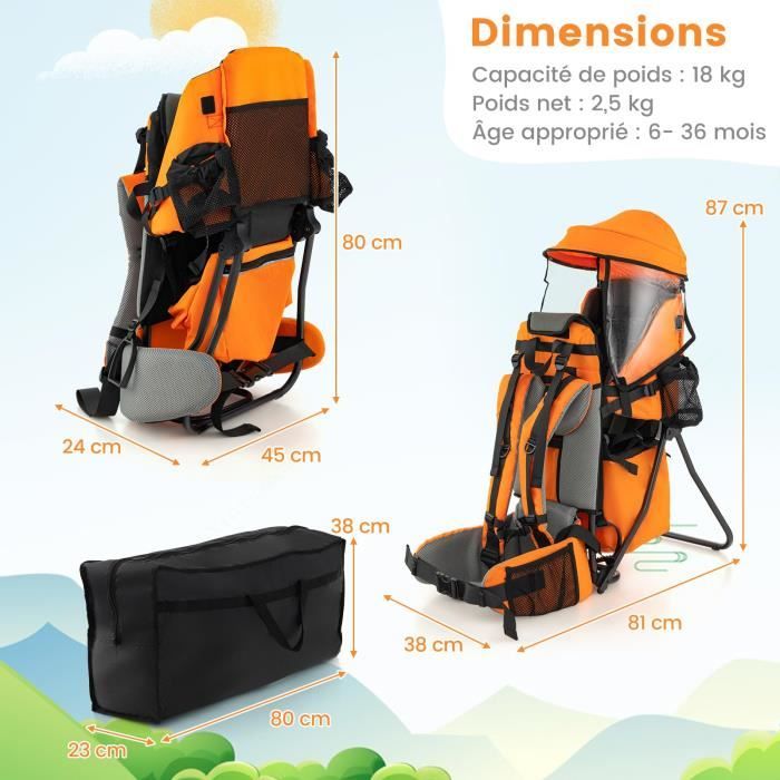 DREAMADE Porte bebe de Randonnee Sac a Dos Enfant pour Voyage avec Rangement et Harnais Auvent Amovible Cadre en Cdiscount Puericulture Eveil bebe
