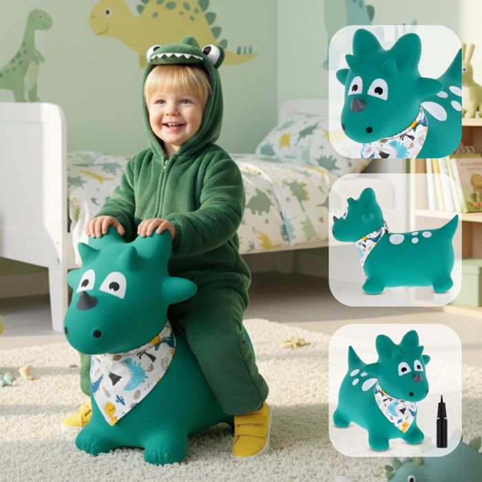 Dinosaure Vert Triceratops Sauteur Gonflable Enfant Bebe 18 Mois - Jusqu'a 50 Kg - Ballon Animal A Sauter Jouet Premier Age